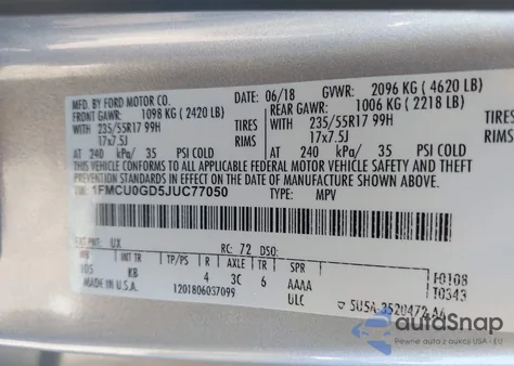 2018 Ford Escape Se z USA, uszkodzony, nr VIN 1FMCU0GD5JUC77050